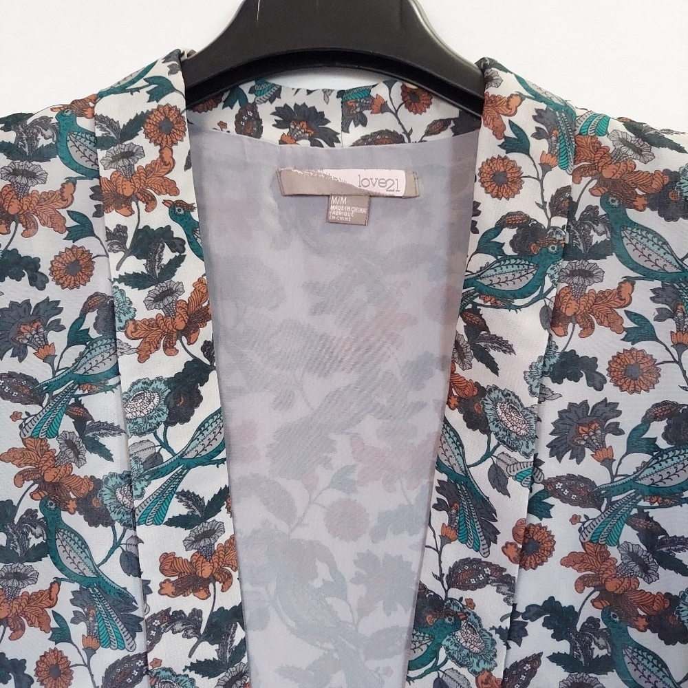 Womens Kimono Jacket Cardigan Medium Green Floral Blazer Light Chiffon Polyester - Picture 6 of 16
